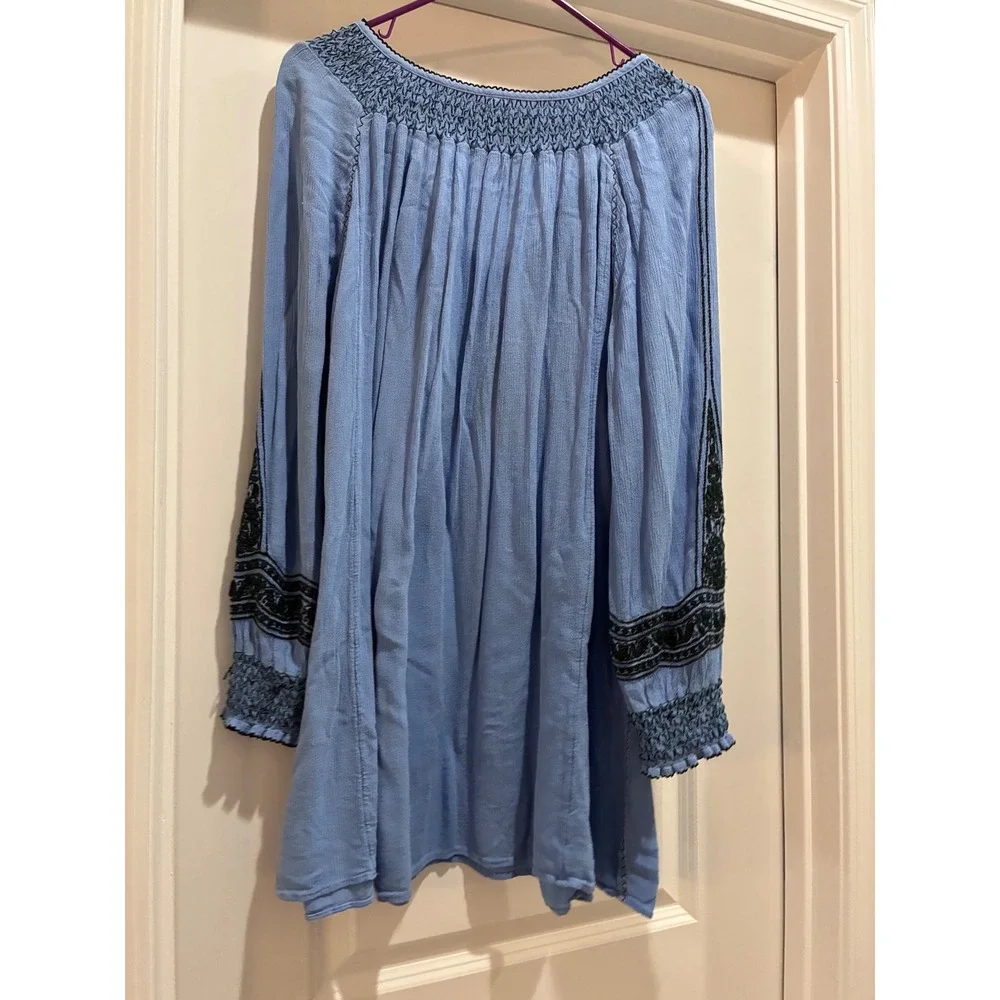 Free‎ People Embroidered Peasant Mini Dress Blue Boho Tassel V-Neck M